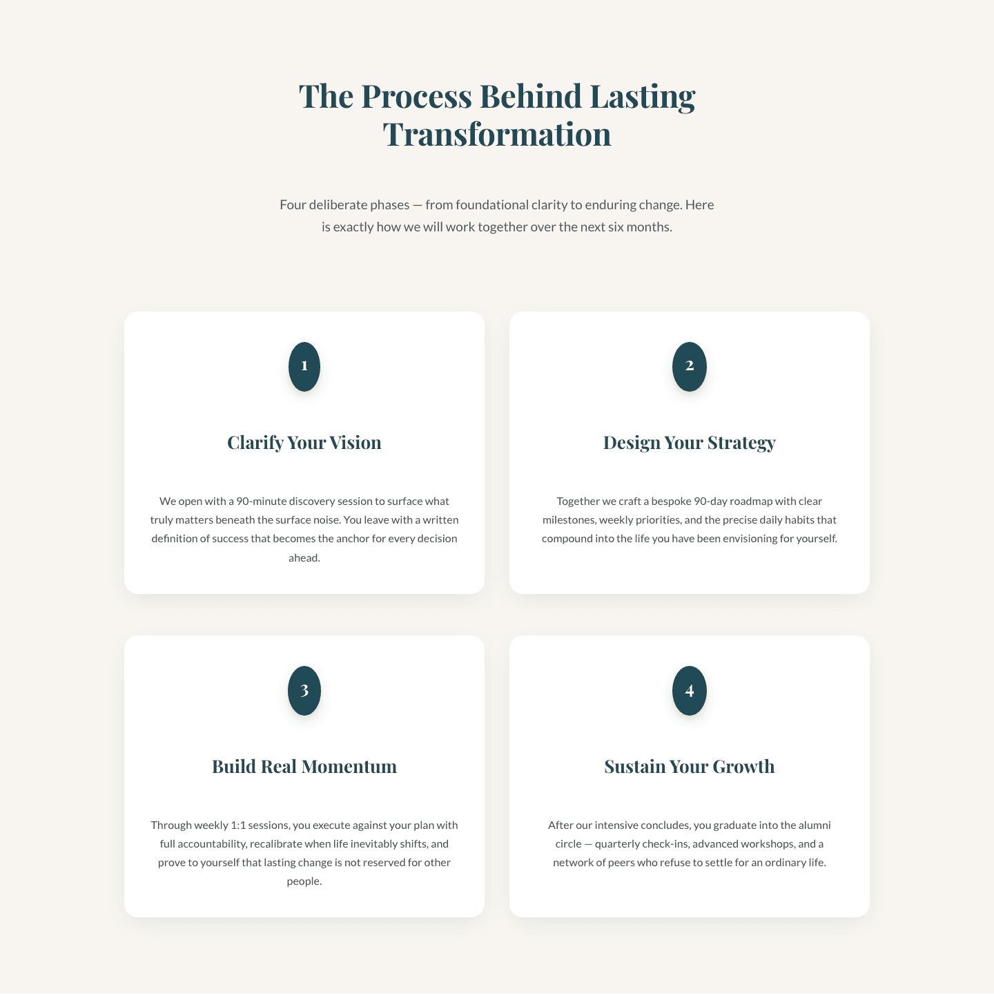 Four-Phase Coaching Process Cards — Elegant Divi 5 Layout