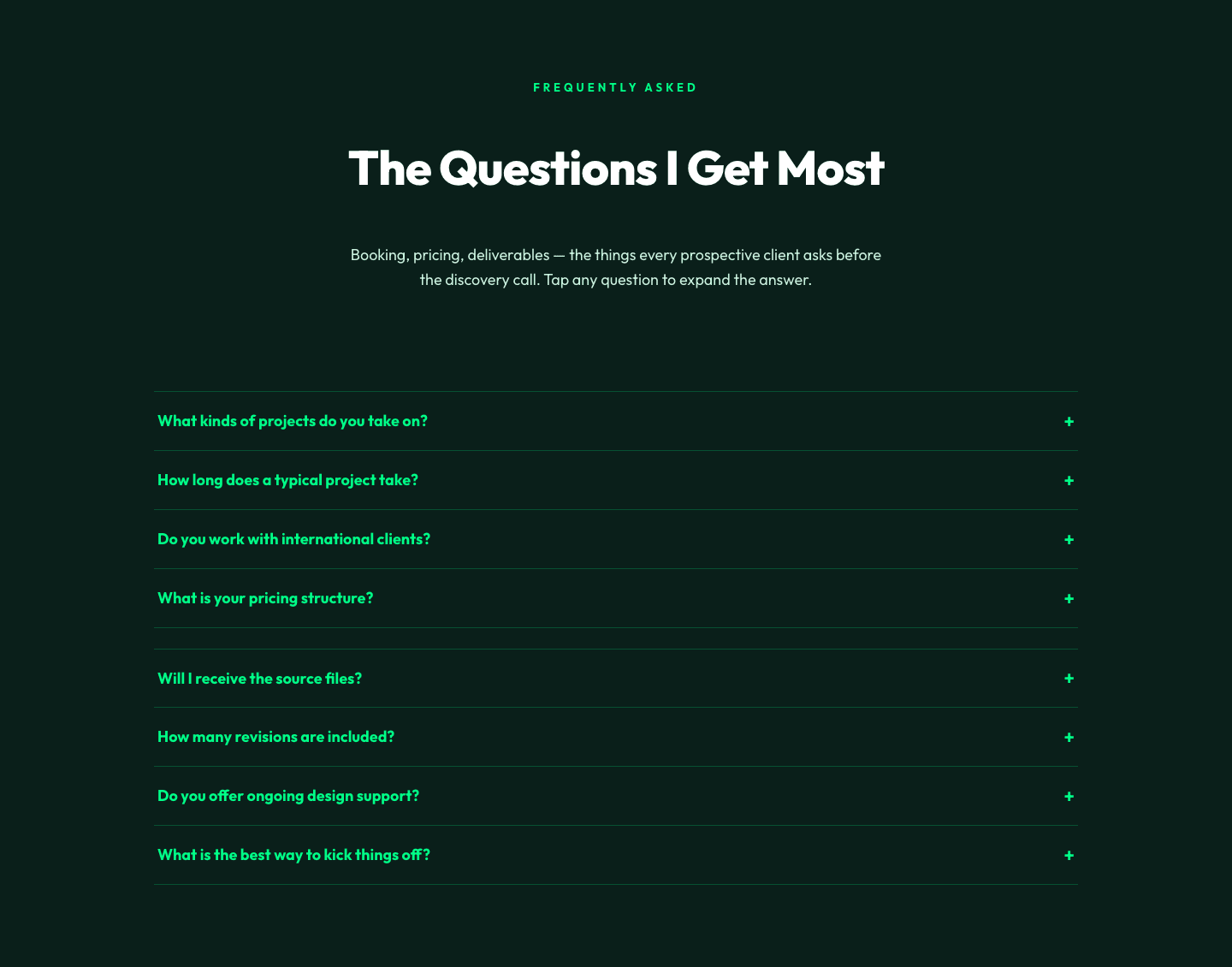 Bold Portfolio FAQ Section — Divi 5 Layout