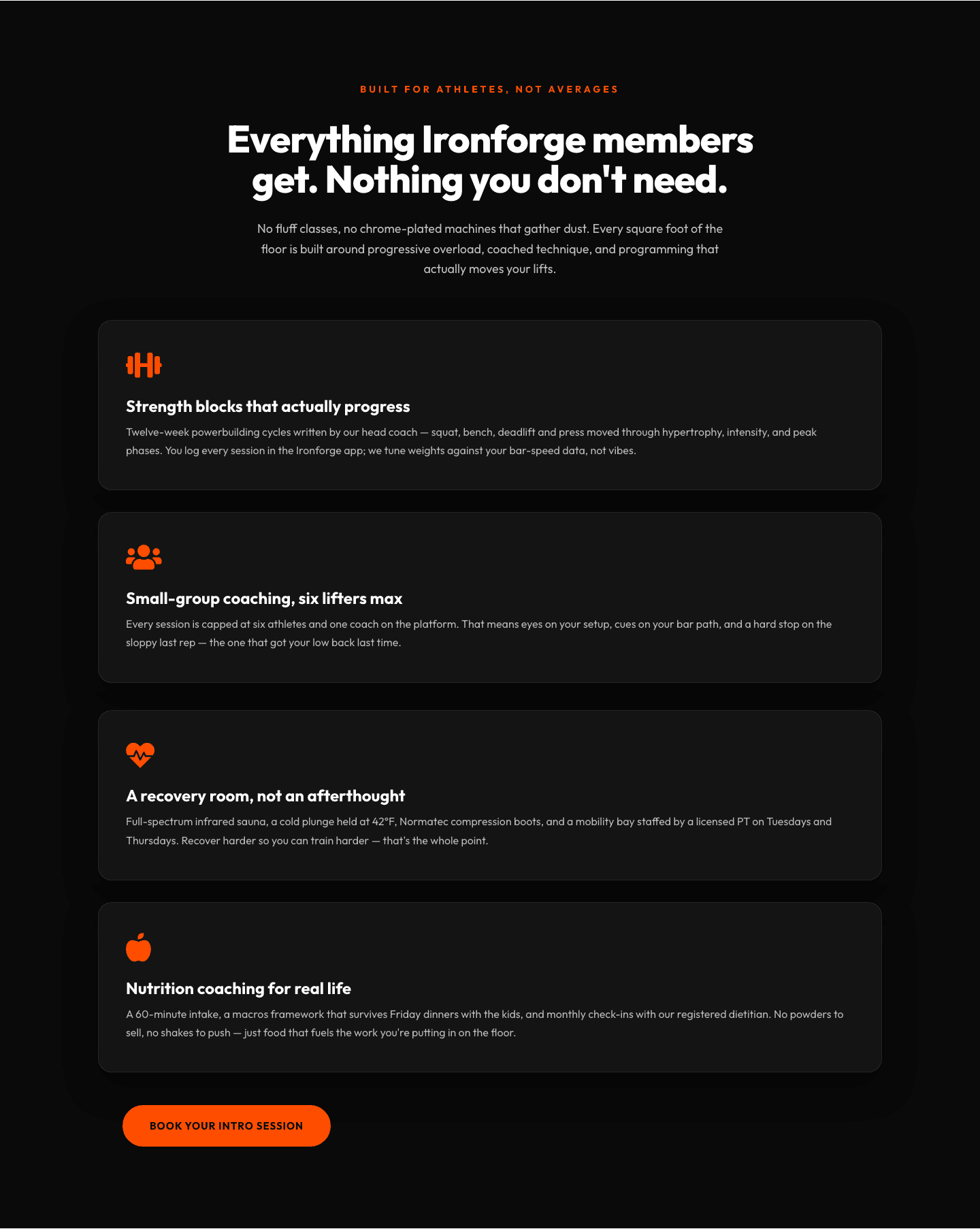 Ironforge Athletics Features Section — Bold Fitness Divi 5 Layout
