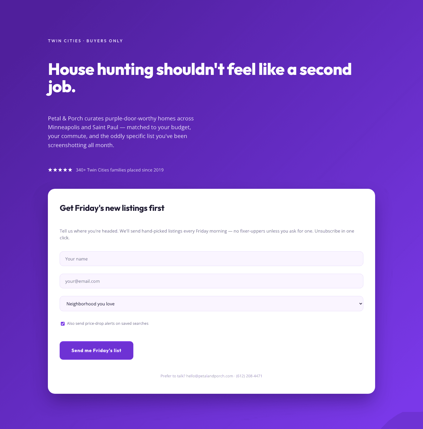 Playful Real Estate Hero with Weekly Listings Signup — Divi 5 Layout