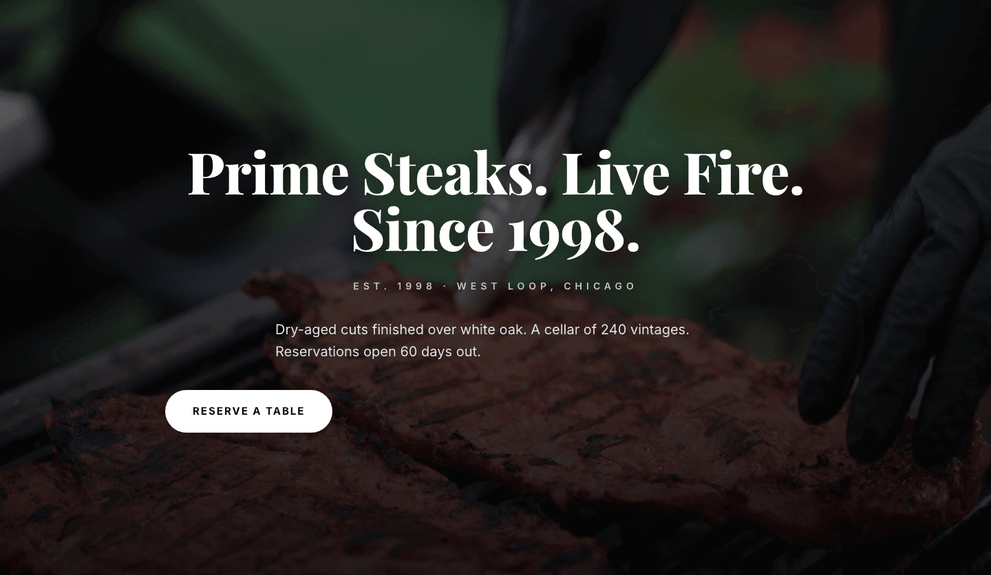 Prime Steaks Hero Section — Bold Monochrome Restaurant Layout for Divi 5