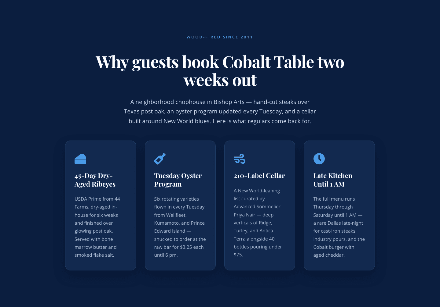 Bold Blue Restaurant Features Section — 4 Icon Columns | Divi 5