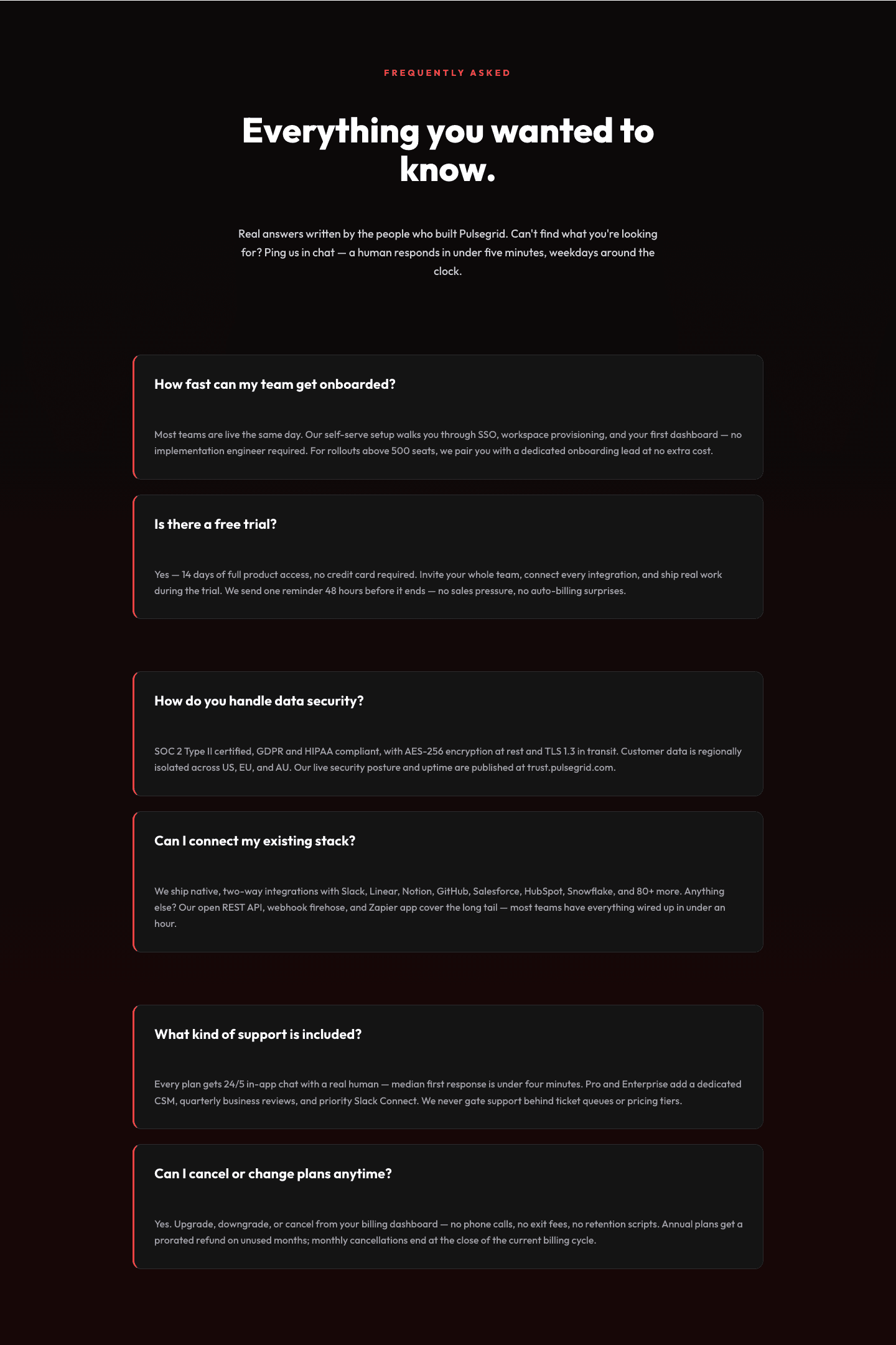 Bold SaaS FAQ Section — Two-Column Accordion Divi 5 Layout