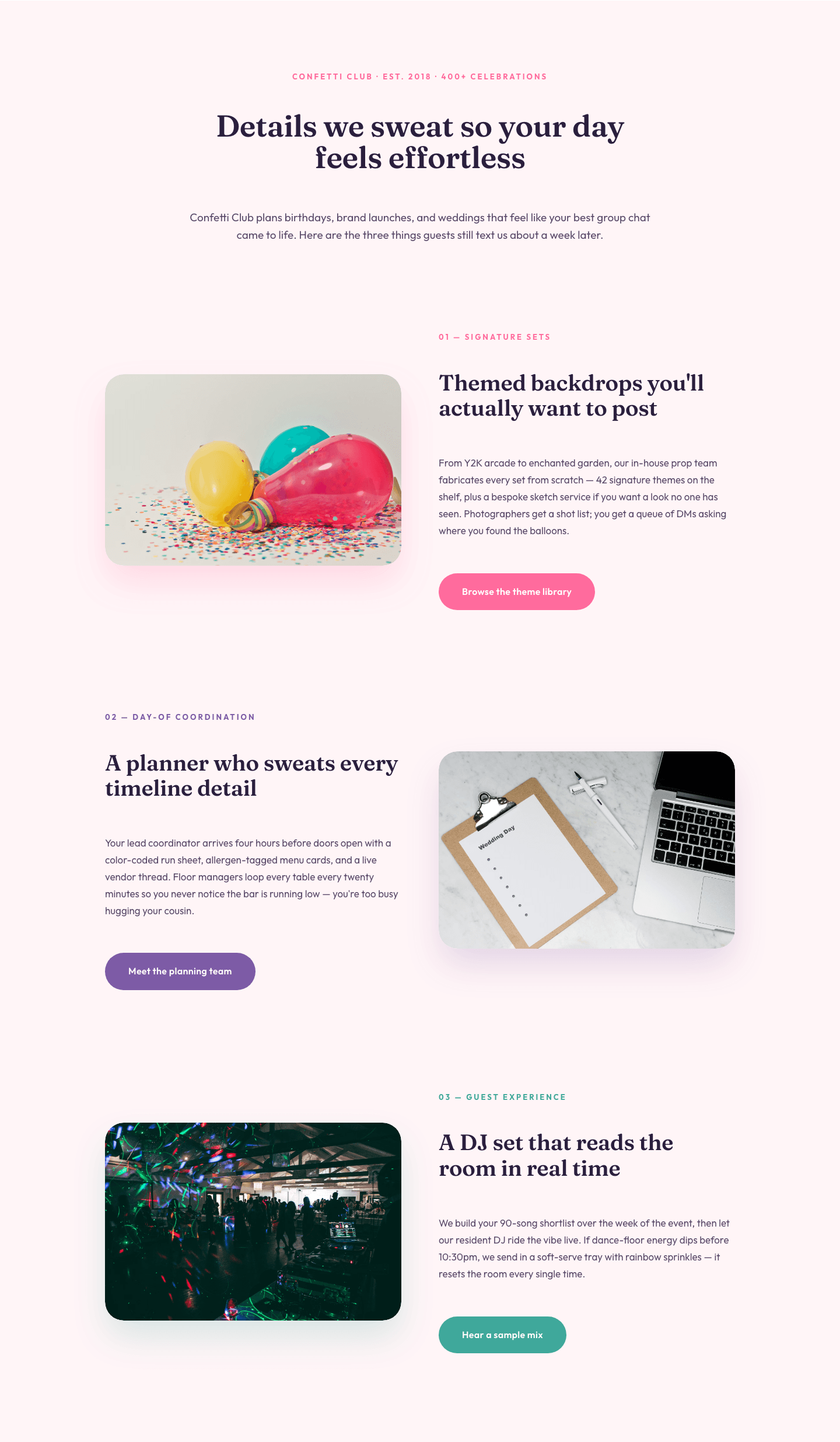 Playful Events Features Section — Alternating Rows Divi 5 Layout