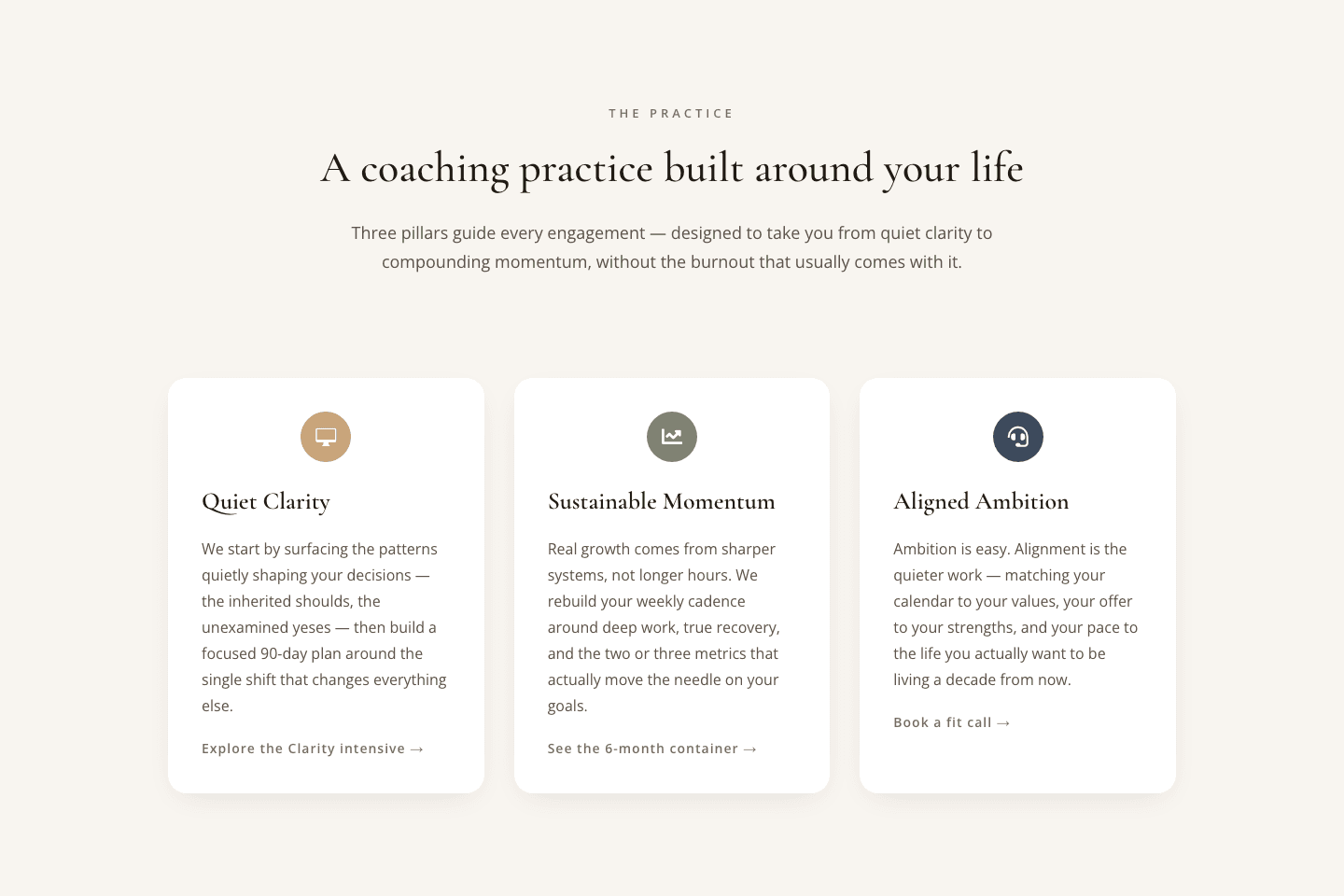 Elegant Coaching Cards — Three Pillars Section