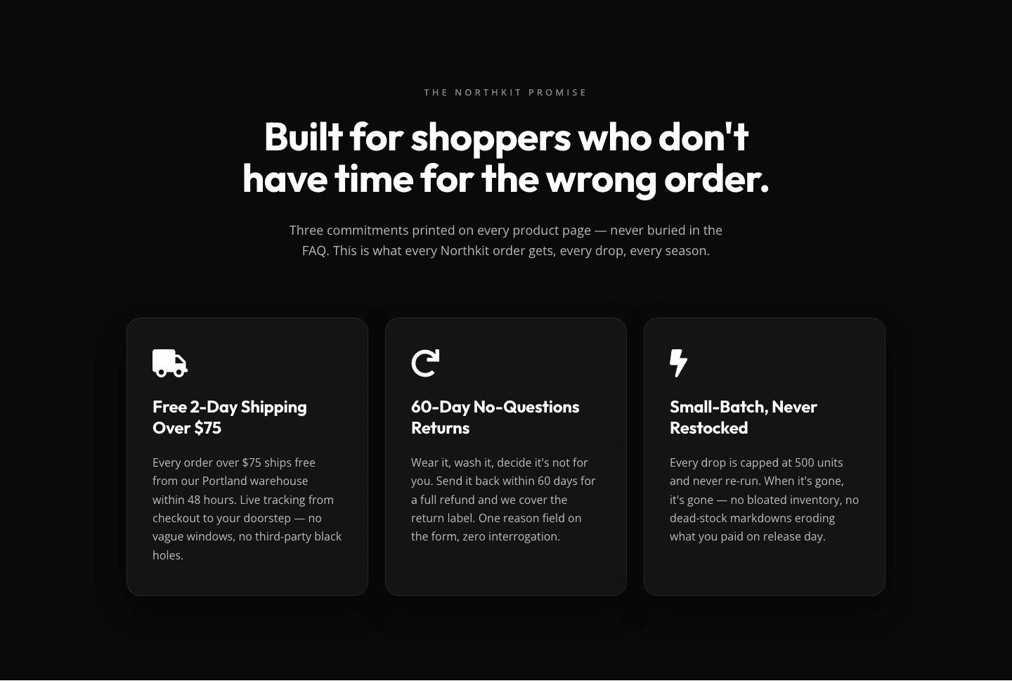 Bold Monochrome Ecommerce Features Section — Northkit Promise | Divi 5