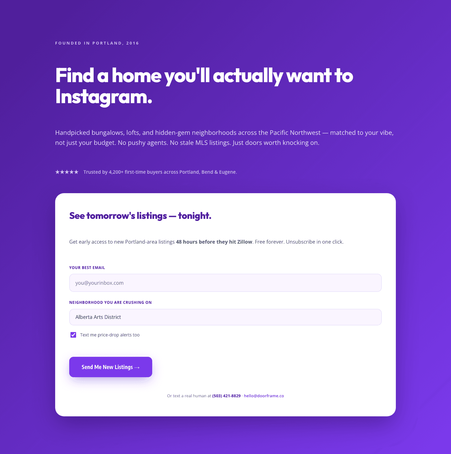 Playful Purple Real Estate Hero with Signup Form — Divi 5 Layout