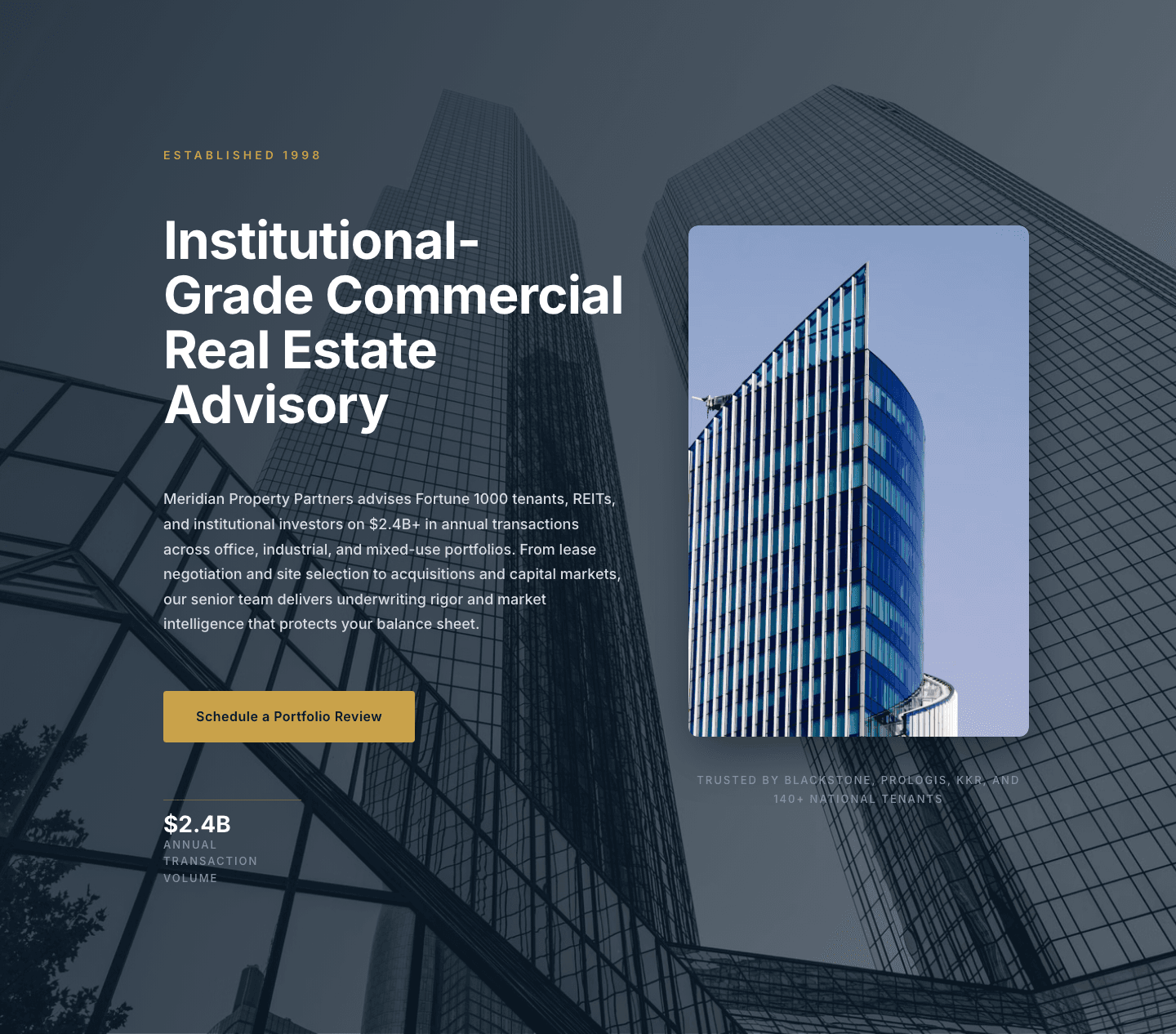 Corporate Real Estate Hero Layout for Divi 5 — Meridian Property Partners