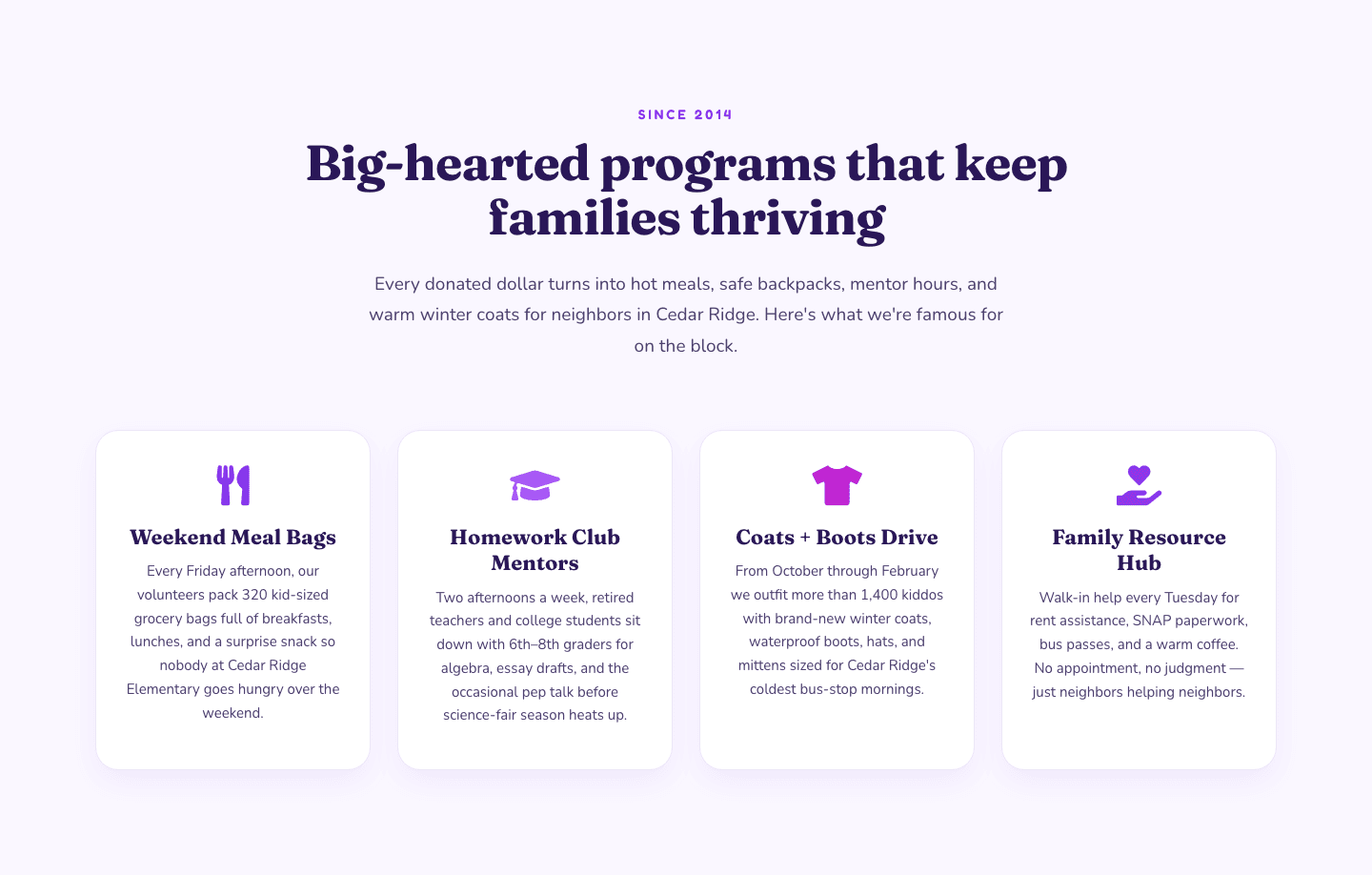 Playful Nonprofit Features Section — Four-Column Icon Cards for Divi 5