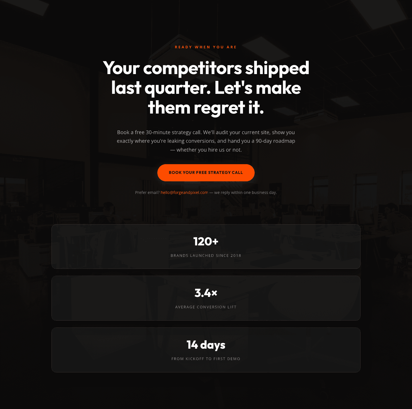 Dark Agency CTA Section with Strategy Call Booking & Proof Stats — Divi 5 Layout