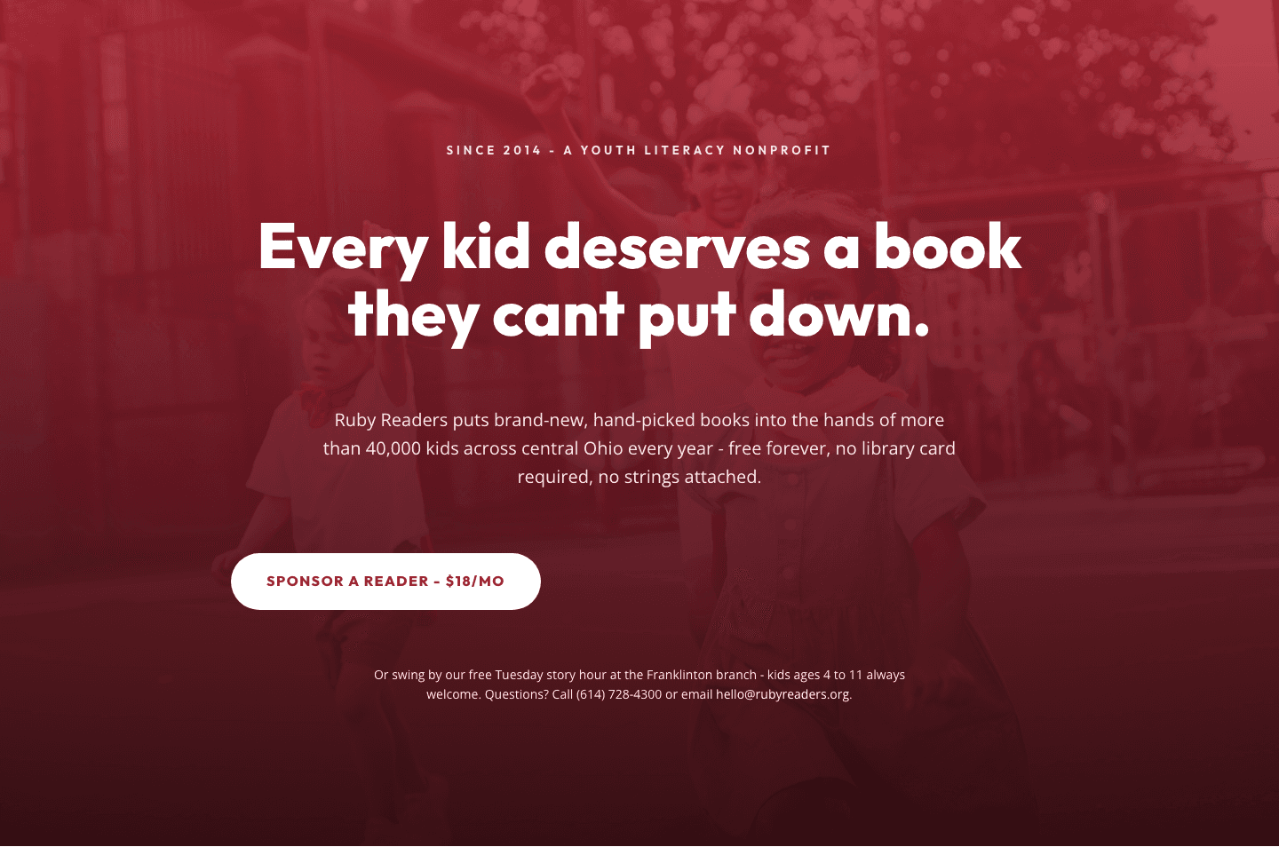 Ruby Readers Nonprofit Hero — Playful Divi 5 Layout