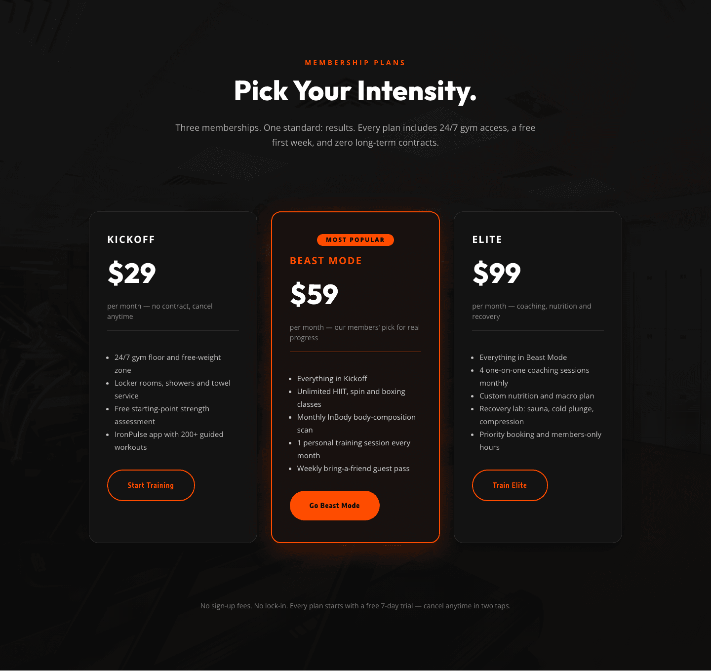 Bold Fitness Pricing Table — Dark Gym Membership Plans Divi 5 Layout
