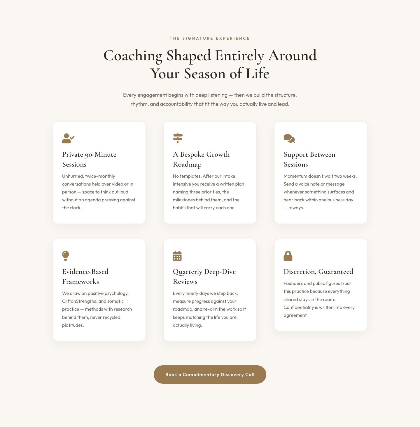 Elegant Coaching Features Section — Signature Experience Cards for Divi 5