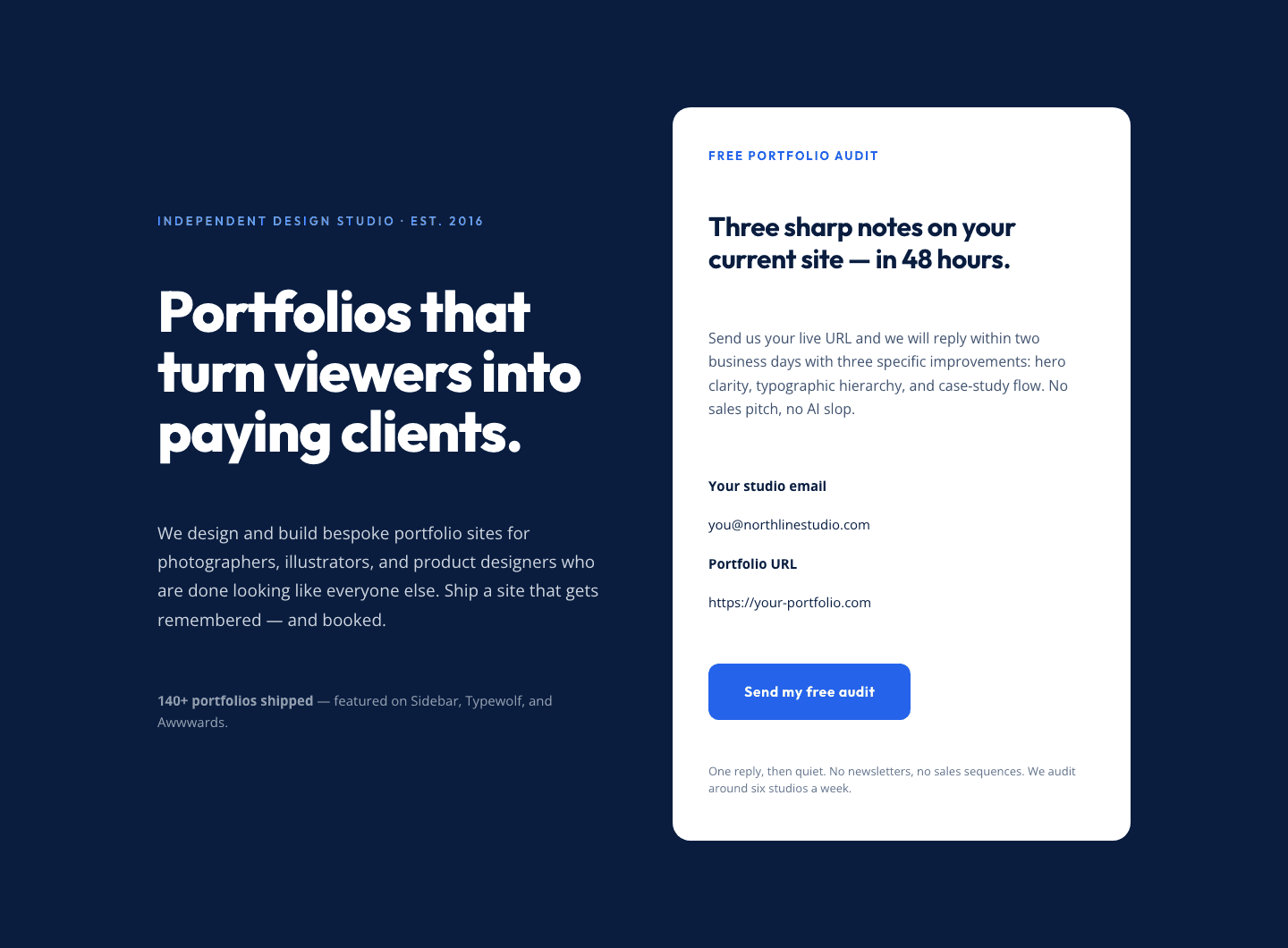 Bold Portfolio Hero with Free Audit Sign-up — Divi 5 Layout