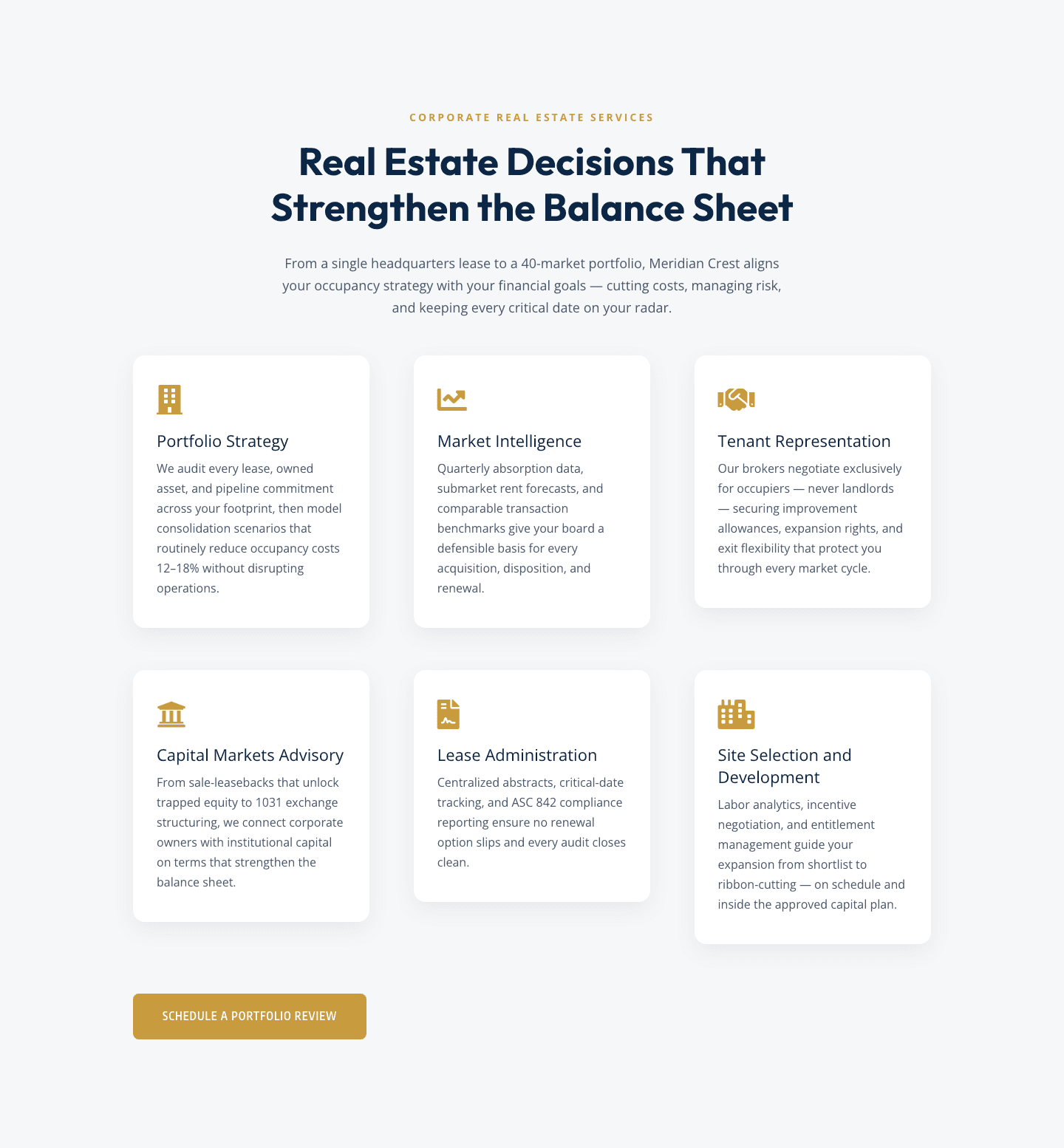 Corporate Real Estate Features Section — Six-Pillar Service Grid for Divi 5
