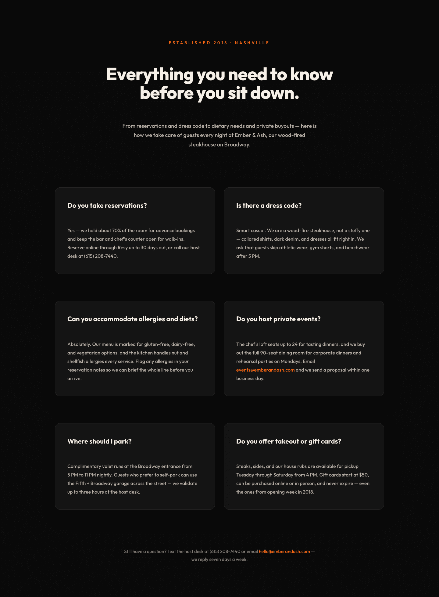 Bold Restaurant FAQ Layout — Wood-Fired Steakhouse Guest Questions | Divi 5