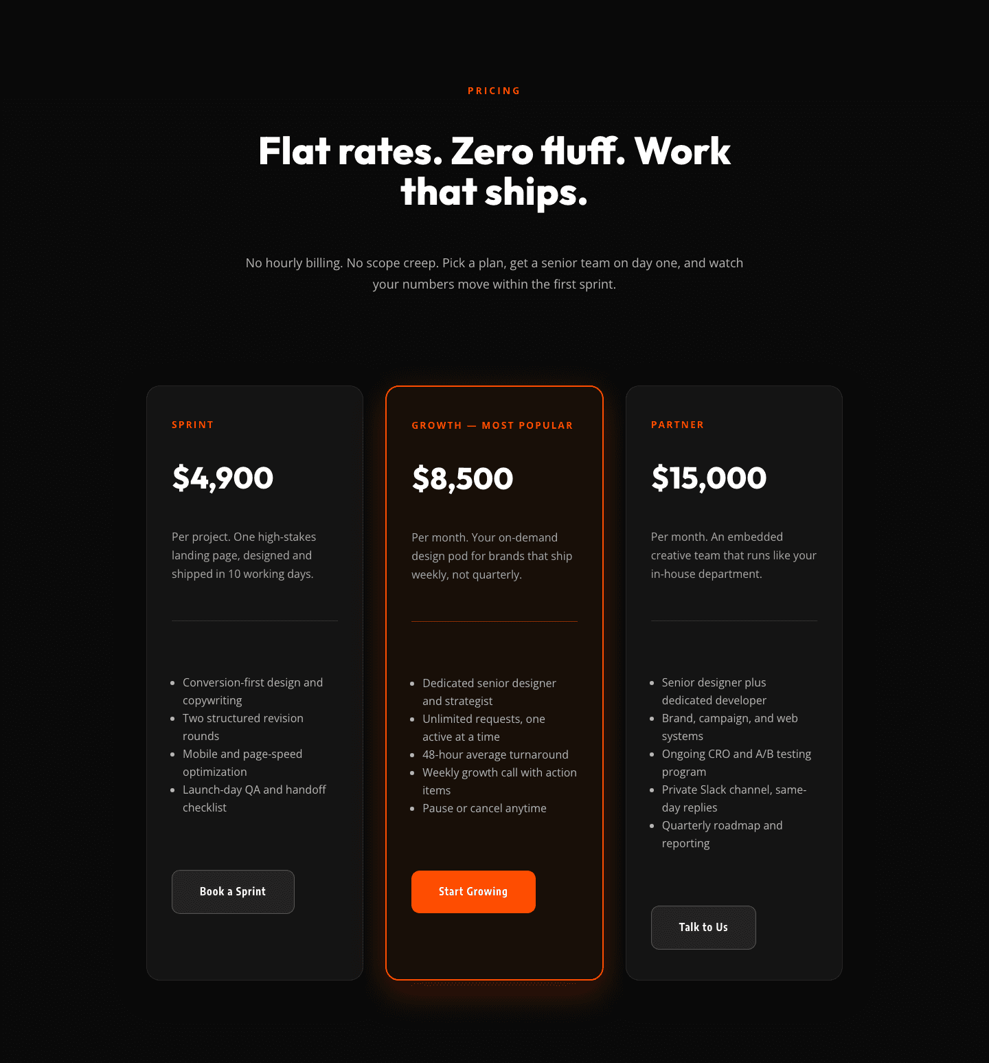 Bold Agency Pricing Section — Dark 3-Tier Divi 5 Layout