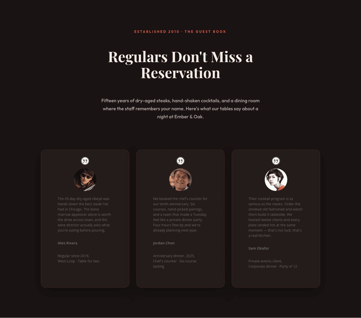 Bold Restaurant Testimonials Layout — Divi 5 Steakhouse Guest Book