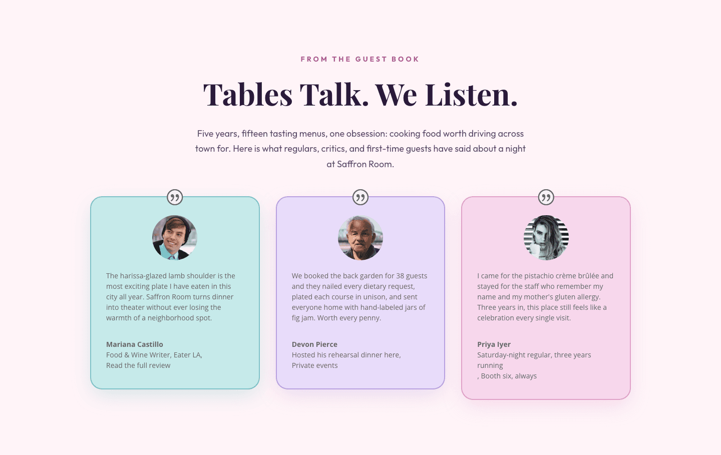 Tables Talk. We Listen. — Bold Restaurant Testimonials Layout for Divi 5