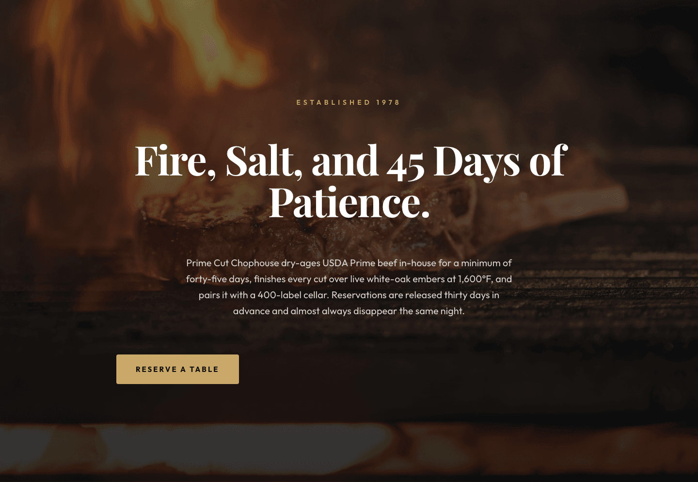 Prime Cut Chophouse Hero — Dry-Aged Steakhouse Divi 5 Layout