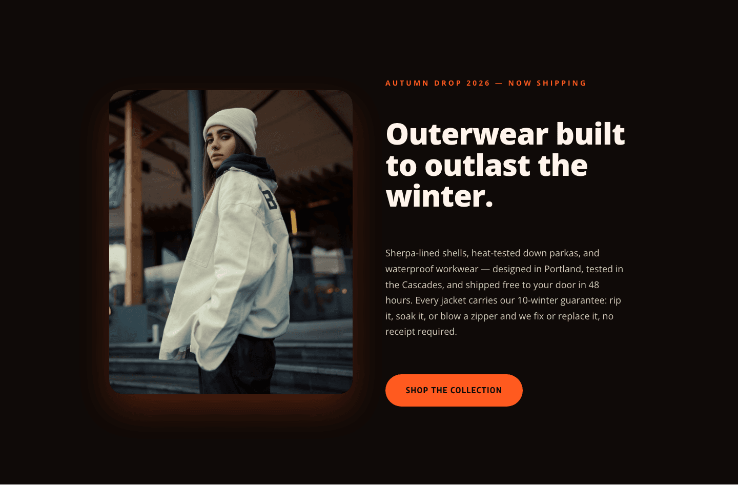 Blazefront Outerwear Hero — Bold Ecommerce Divi 5 Layout